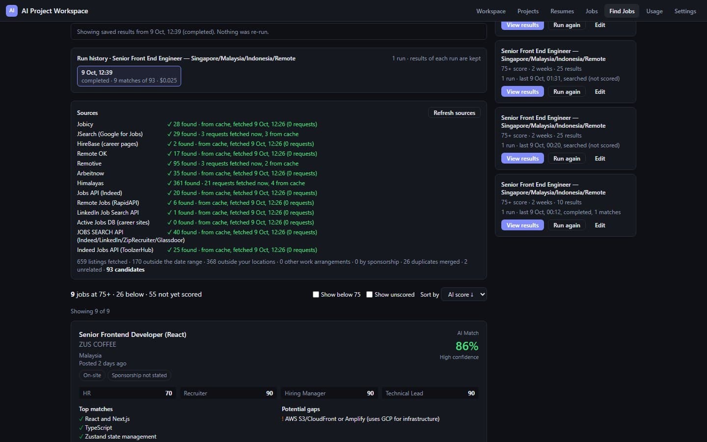 Find Jobs run showing each source, whether it came from cache, and a funnel from 659 listings to 93 candidates