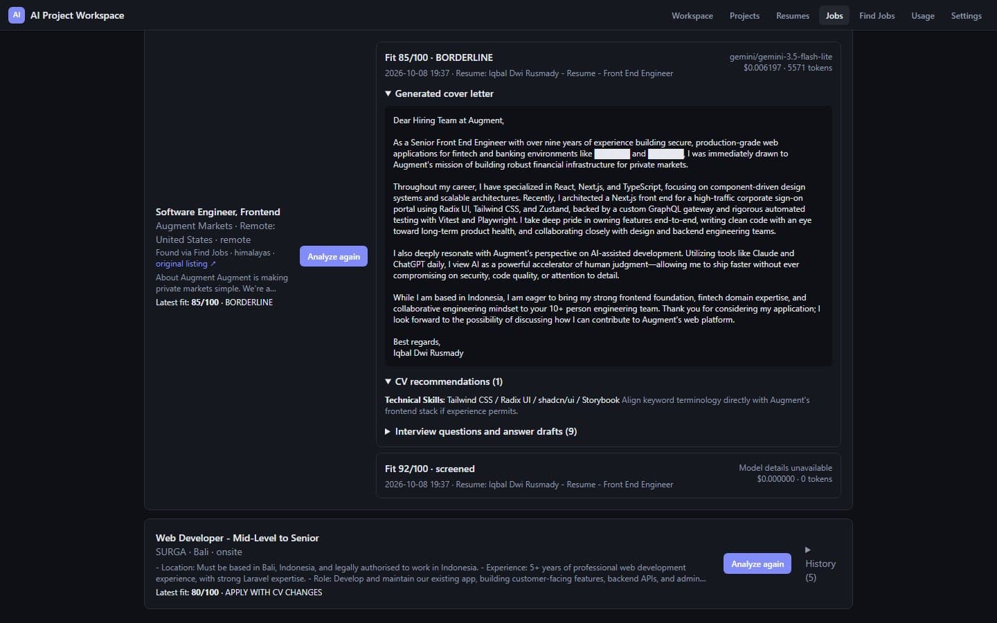 Job analysis history showing a fit score, a generated cover letter and CV recommendations, with company names hidden