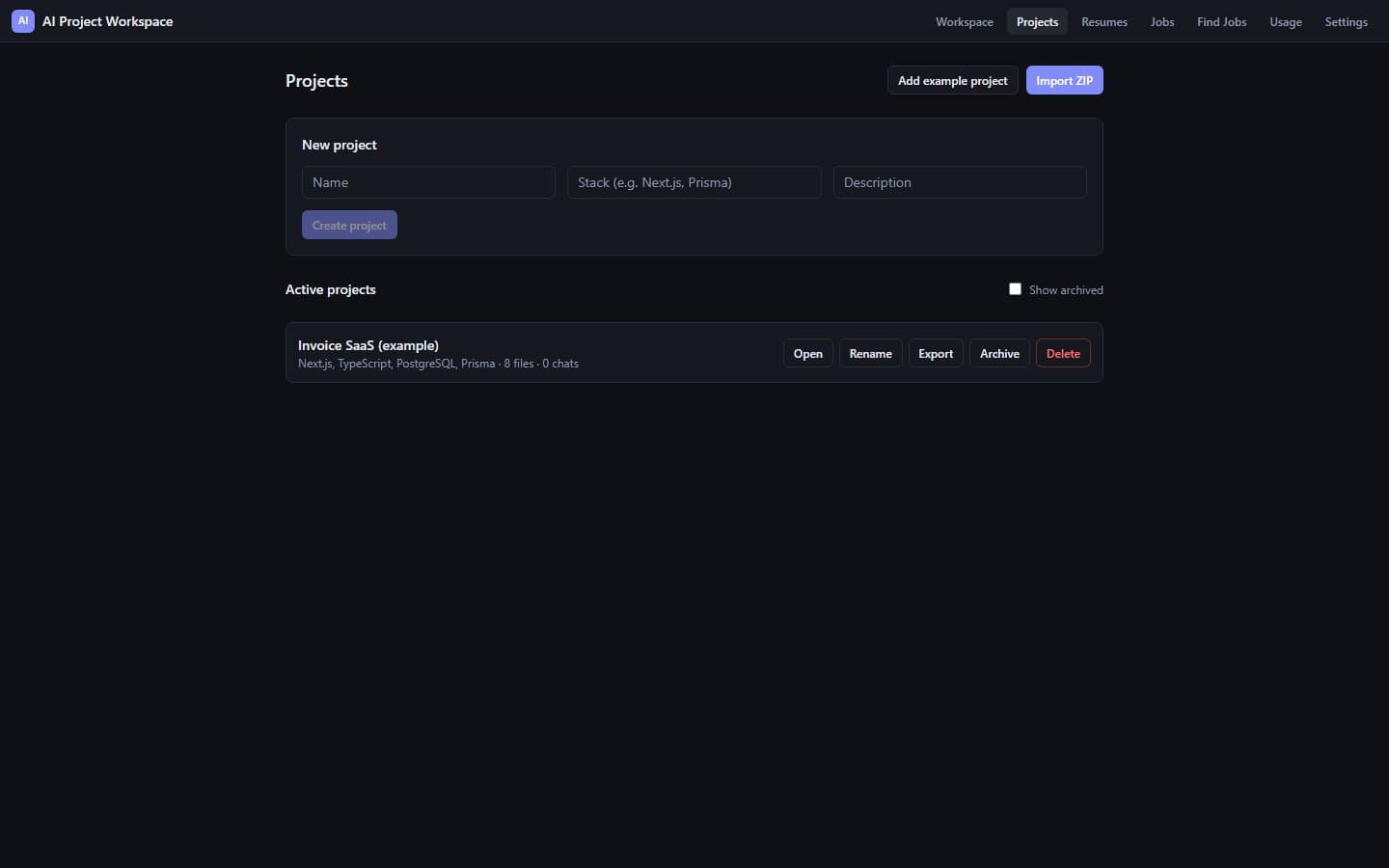 Projects page with a new-project form, an import button and a list of active projects
