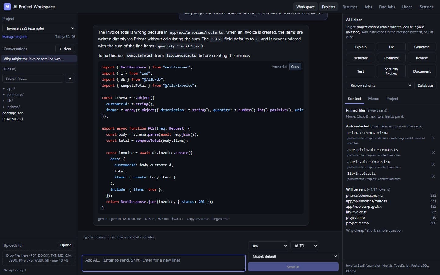Chat answer explaining why an invoice total is wrong, with a code block, and a footer showing the model, tokens in and out, and the cost of the reply