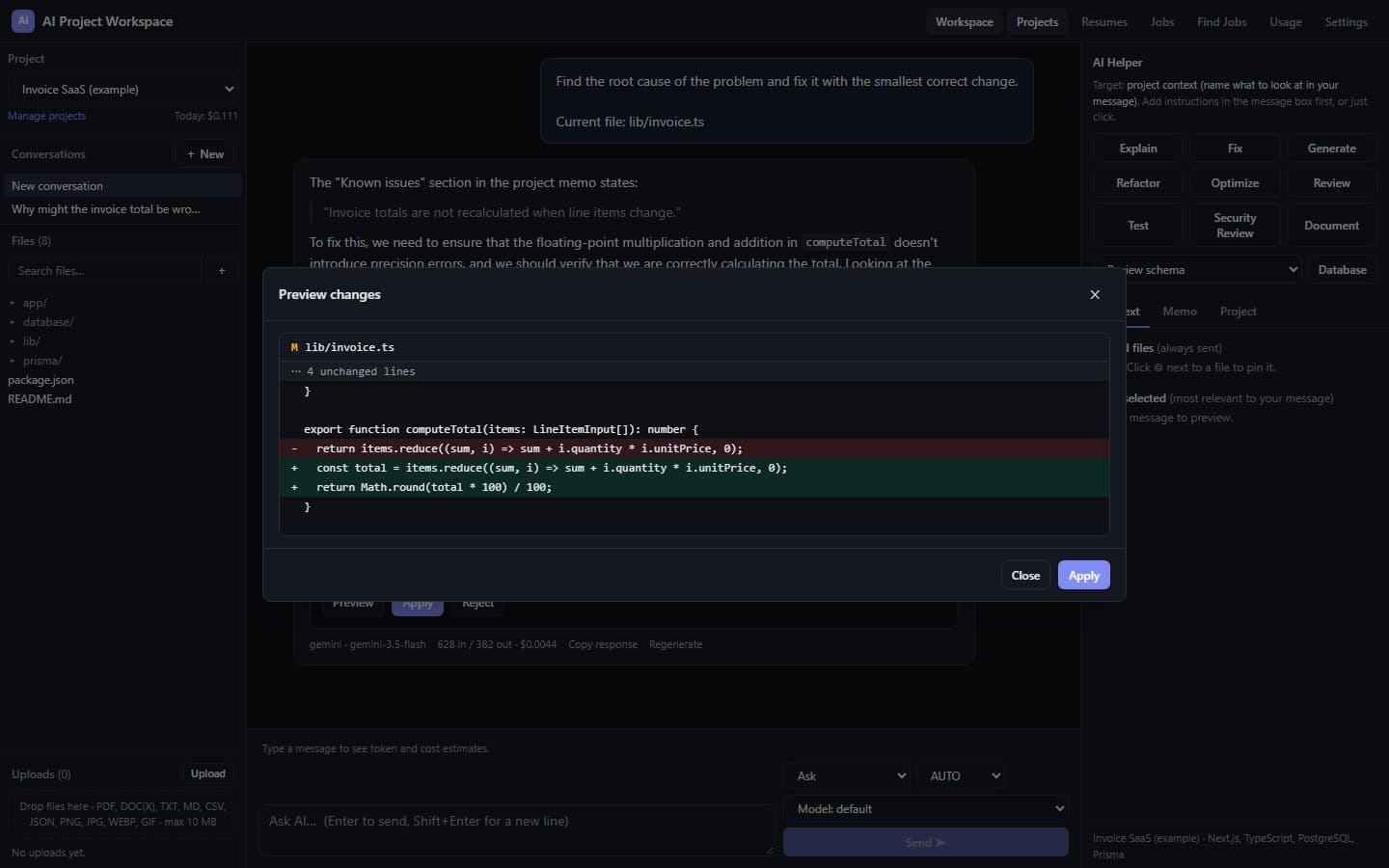 Preview changes dialog showing a red removed line and two green added lines in lib/invoice.ts, with Close and Apply buttons