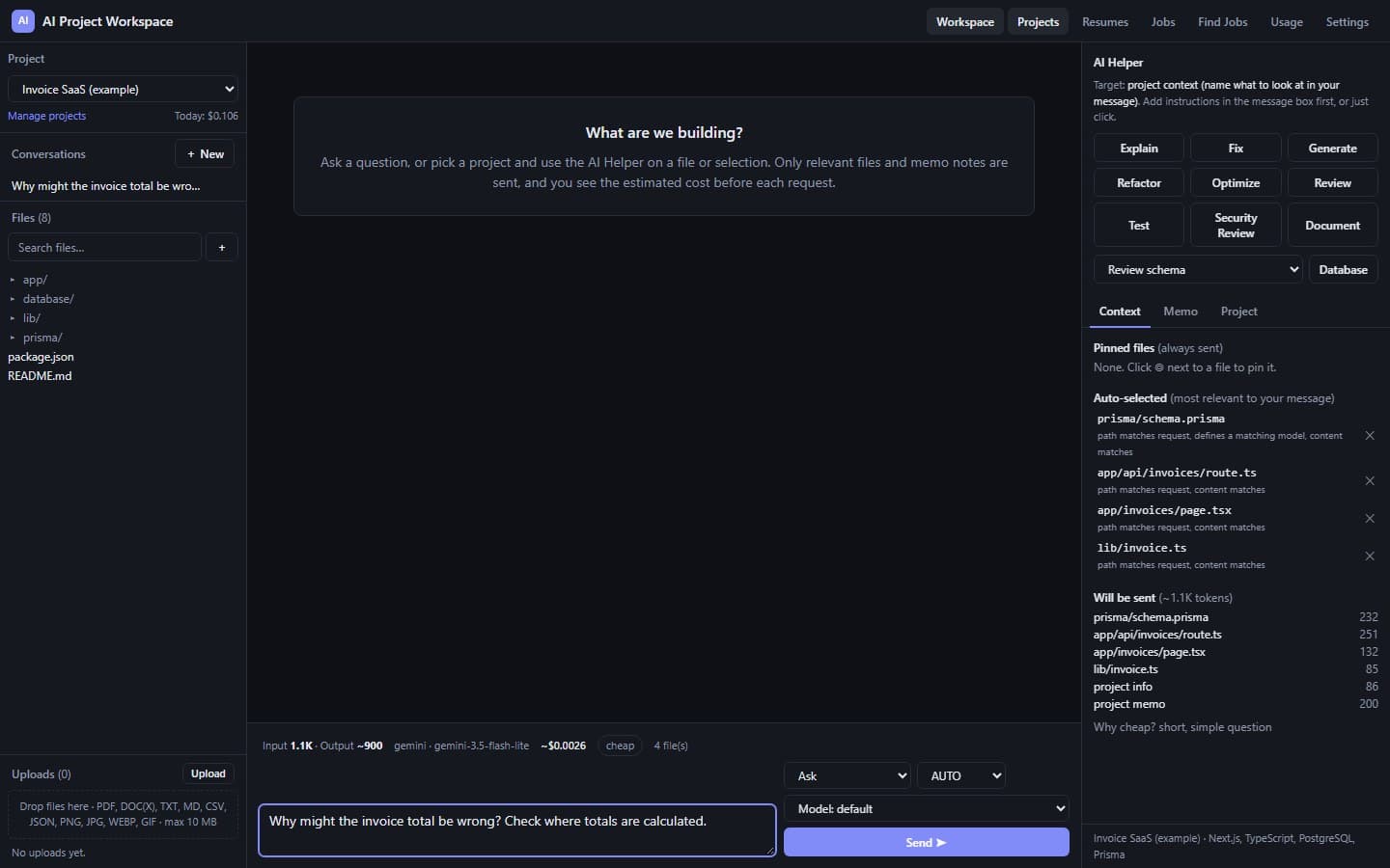 Project chat with a typed question; the composer shows input and output tokens, the model and the estimated cost, and the side panel lists the four files that will be sent and why