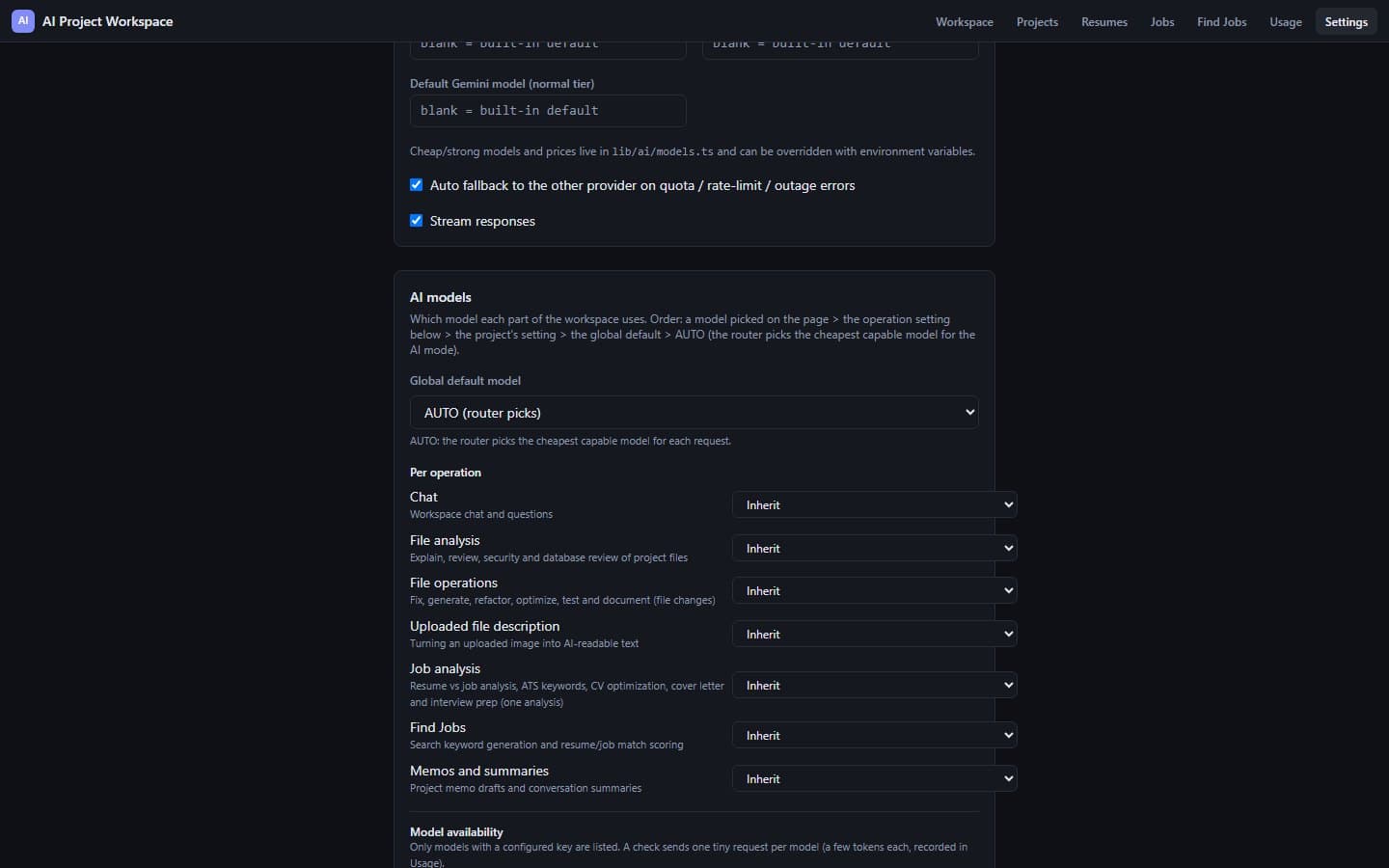 Settings section for choosing a global default model and a model for each operation