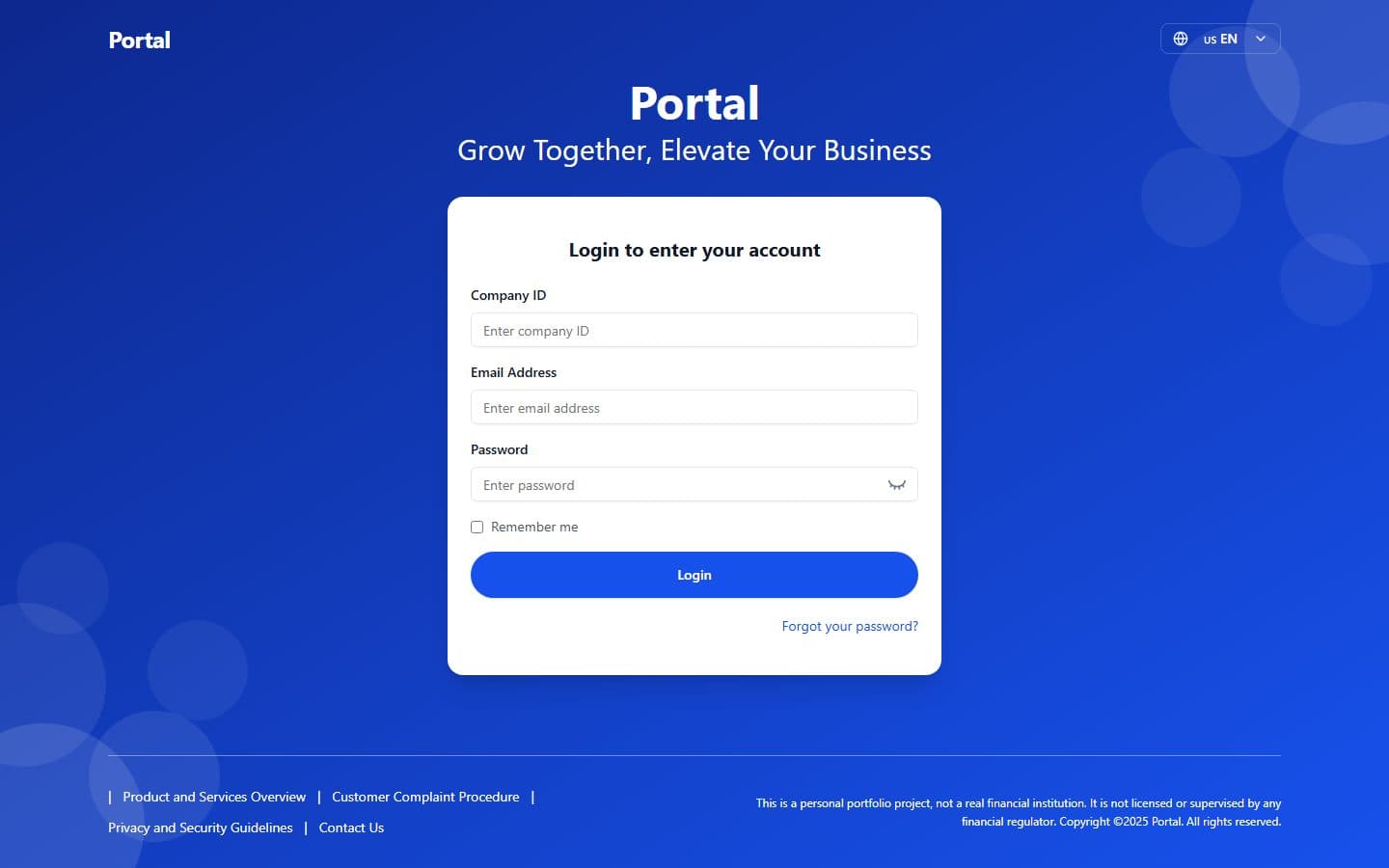 Portal sign-in page with Company ID, email and password fields and an English/Indonesian language switch