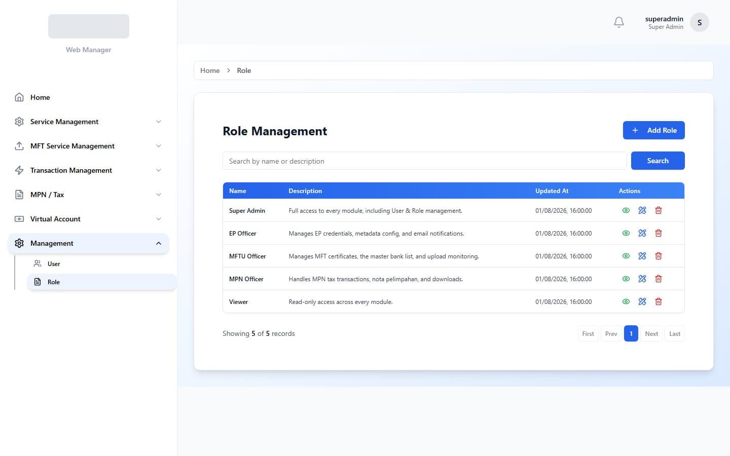 Role Management table listing Super Admin, EP Officer, MFTU Officer, MPN Officer and Viewer roles