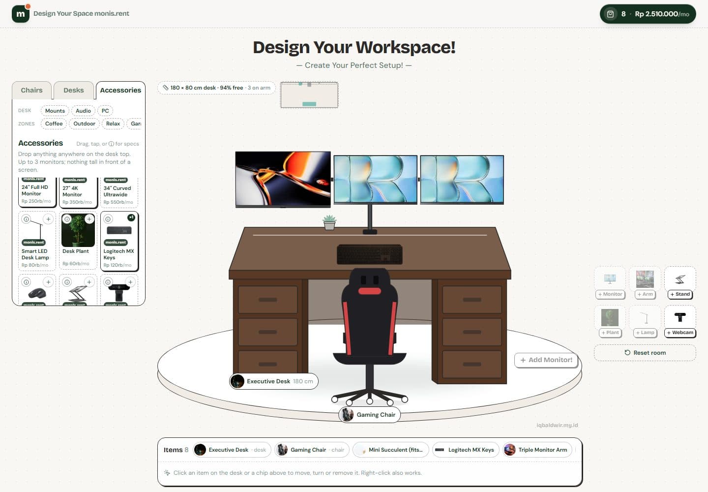Workspace builder with an executive desk, gaming chair, three monitors on a triple arm, keyboard and plant