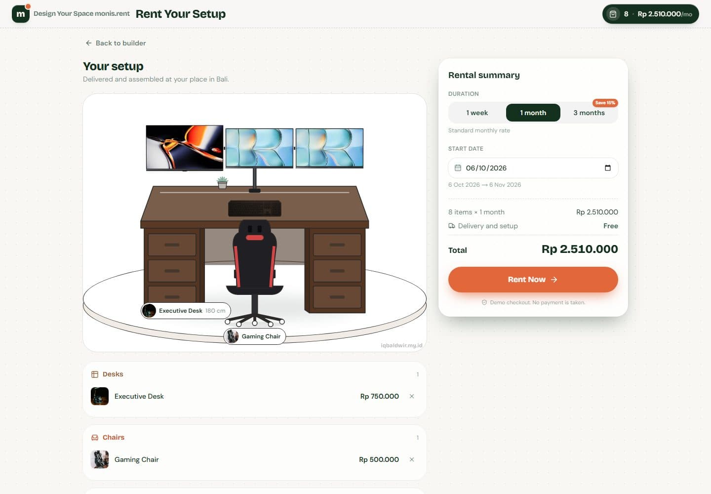 Checkout page with a room preview and a rental summary offering 1 week, 1 month or 3 months