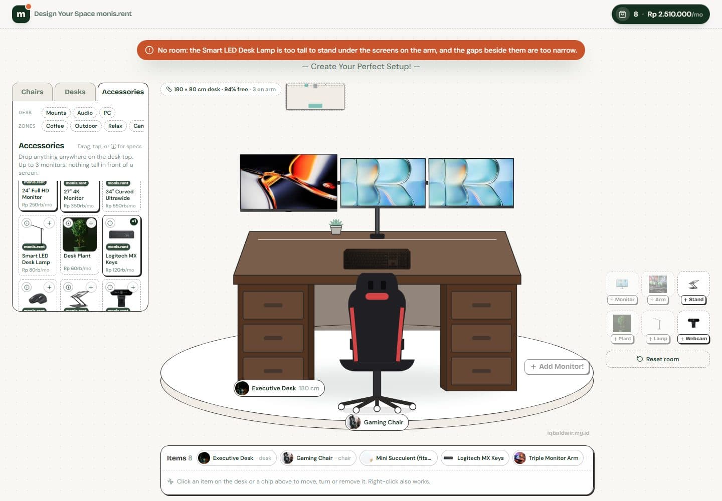 Error toast explaining that a desk lamp is too tall to stand under the monitors on the arm